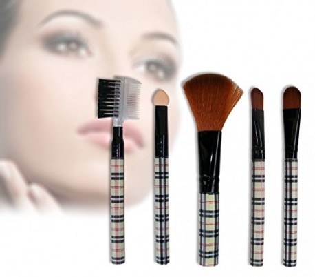 Set de brochas y pinceles de maquillaje (5 piezas - con motivo ESCOCÉS) en práctico estuche