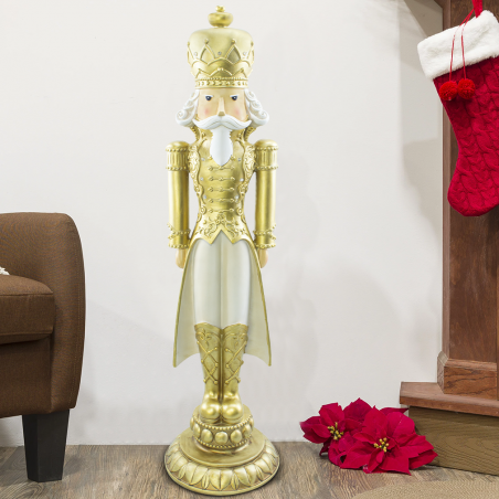 Soldado Cascanueces Navideño Blanco y Dorado Al.91cm 436019 Poliresina con luces