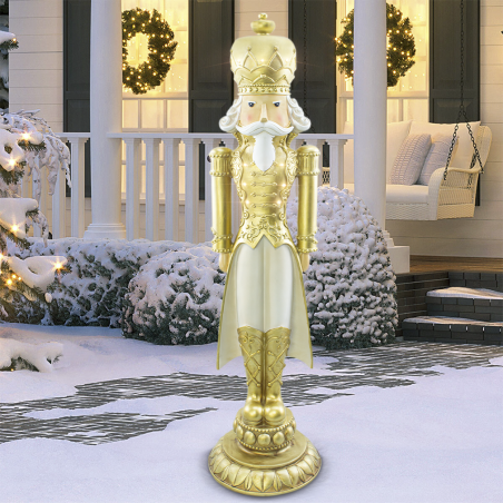 Soldado Cascanueces Navideño Blanco y Dorado Al.91cm 436019 Poliresina con luces