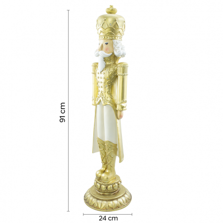 Soldado Cascanueces Navideño Blanco y Dorado Al.91cm 436019 Poliresina con luces