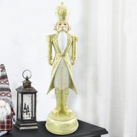 Soldado Cascanueces Navideño Blanco y Dorado Al.71cm 436023 Poliresina con luces