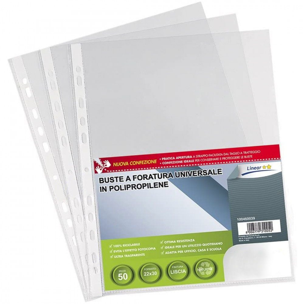 Pack 50 Piezas sobres perforados transparentes con brillo Universal 22x30cm