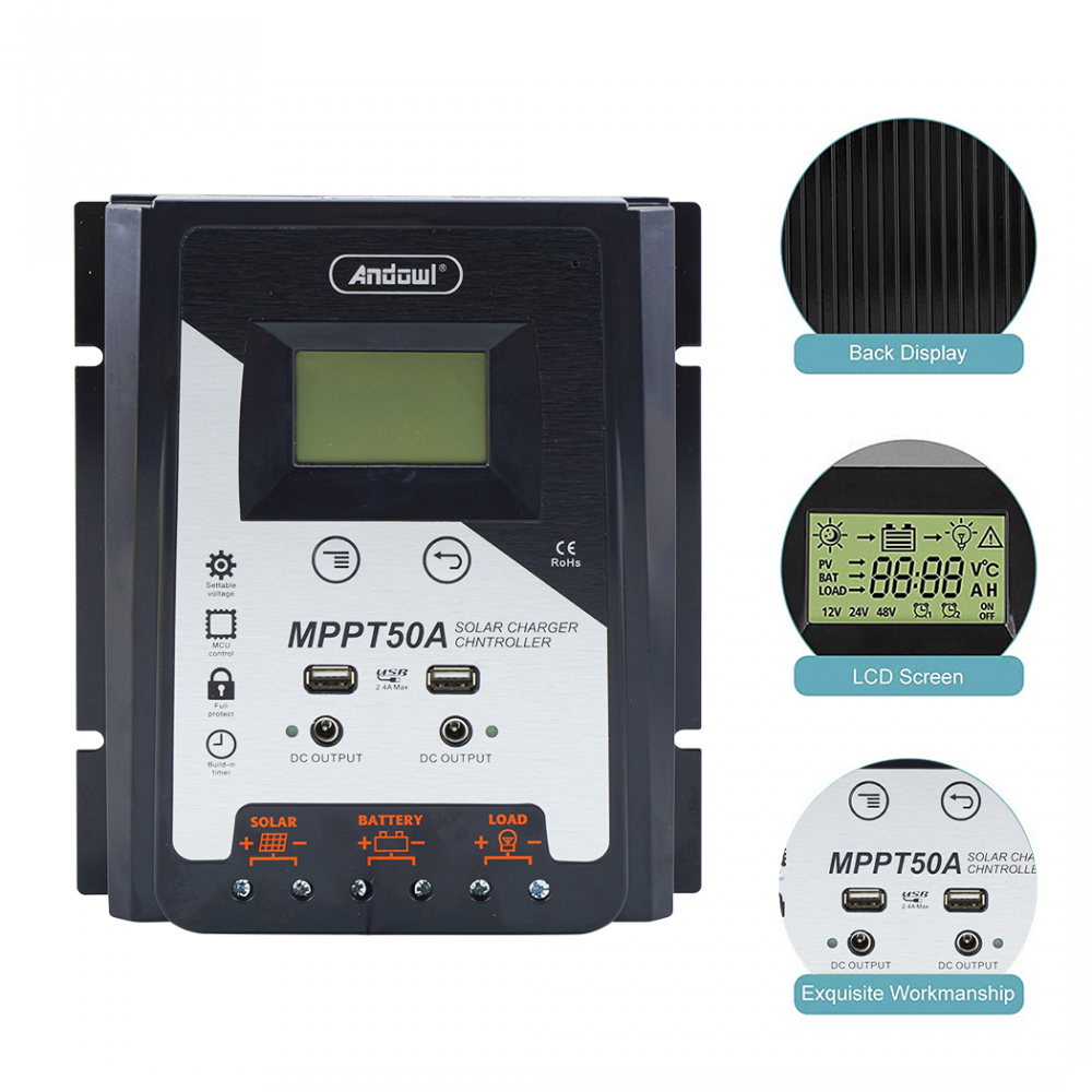 Controlador de carga solar MPPT50A 12-24-48V Controlador batería 2x Pantalla USB