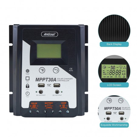Controlador carga solar MPPT30A 12-24V Controlador batería con pantalla USB dual