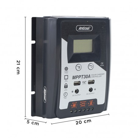 Controlador carga solar MPPT30A 12-24V Controlador batería con pantalla USB dual