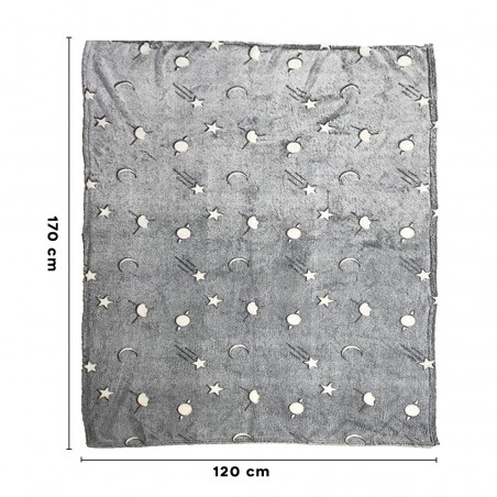 Manta tela escocesa mágica suave para niños estrellas y luna fluorescente gris