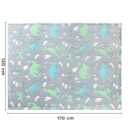 Manta mágica de color gris suave para niños con dinosaurios fluorescentes