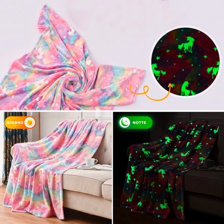 Manta suave mágica para niños de unicornio y estrellas fluorescentes multicolor