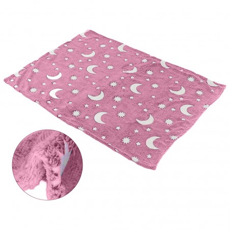 Manta suave de color rosa mágica para niños de lunas y soles fluorescentes
