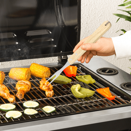 3 Utensilios para barbacoa pinzas espátula y tenedor en acero inoxidable madera