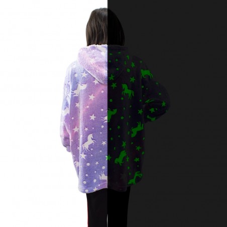 Capa infantil polar con capucha y mangas morada unicornio fluorescente