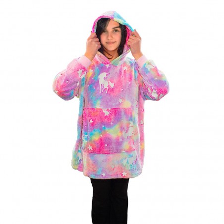 Capa polar infantil multicolor con capucha y mangas unicornio fluorescentes