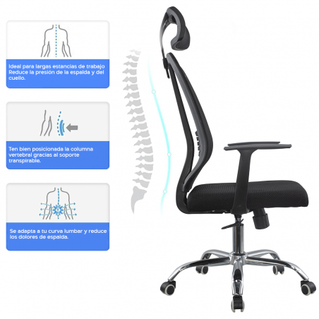 Silla oficina ejecutiva ajustable negra ALBERT Reposacabezas y reposabrazos