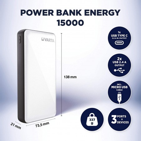 Cargador portátil Varta Power Bank 15000 mmAh 2 entradas de carga rápida