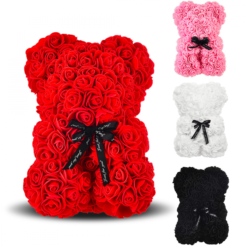Oso de peluche de rosas artificiales H23cm con caja Idea de regalo San Valentín Rojo