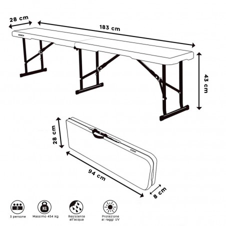 Banco de plástico blanco plegable para bar de camping o picnic 183x28x43cm