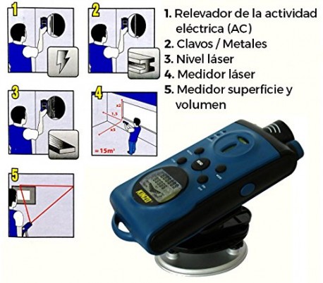 HANDTOOLS 5 EN 1 - Medidor de distancia láser y detector KINZO (Herramienta profesional de bricolaje y taller)