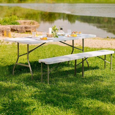 Juego de mesa y banco plegables de plástico blanco para jardín, camping, bar
