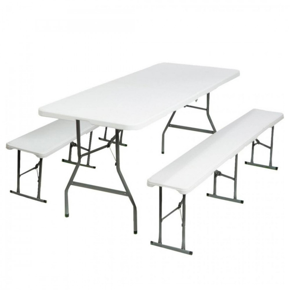 Juego de mesa 2 bancos plegables de plástico blanco para jardín, camping, bar