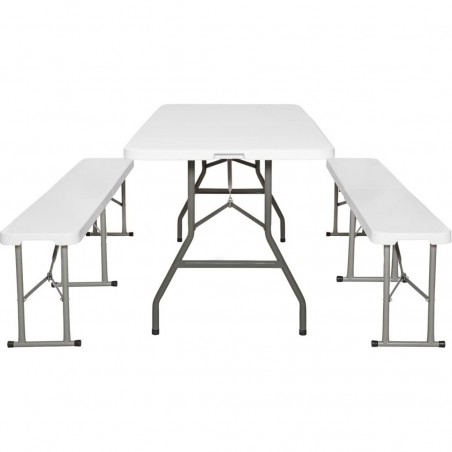 Juego de mesa 2 bancos plegables de plástico blanco para jardín, camping, bar