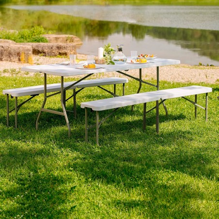 Juego de mesa 2 bancos plegables de plástico blanco para jardín, camping, bar