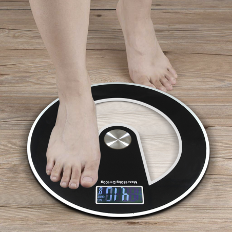 Báscula personal electronica digital en vidrio templado 180Kg redonda Negra