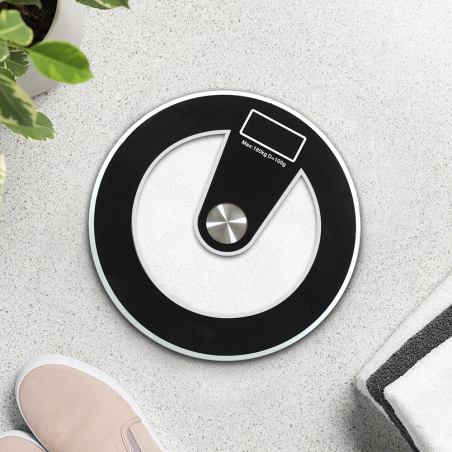 Báscula personal electronica digital en vidrio templado 180Kg redonda Negra