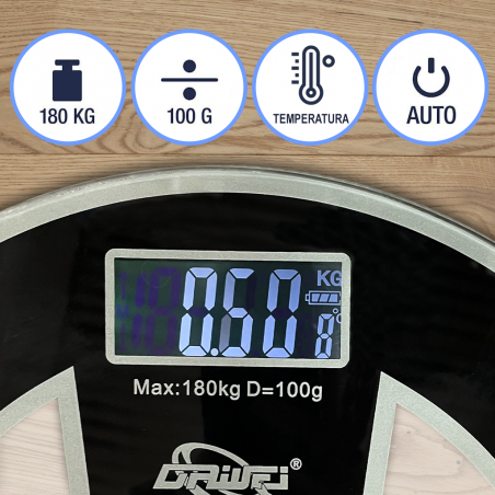 Báscula personal electronica digital en vidrio templado 180Kg redonda Negra