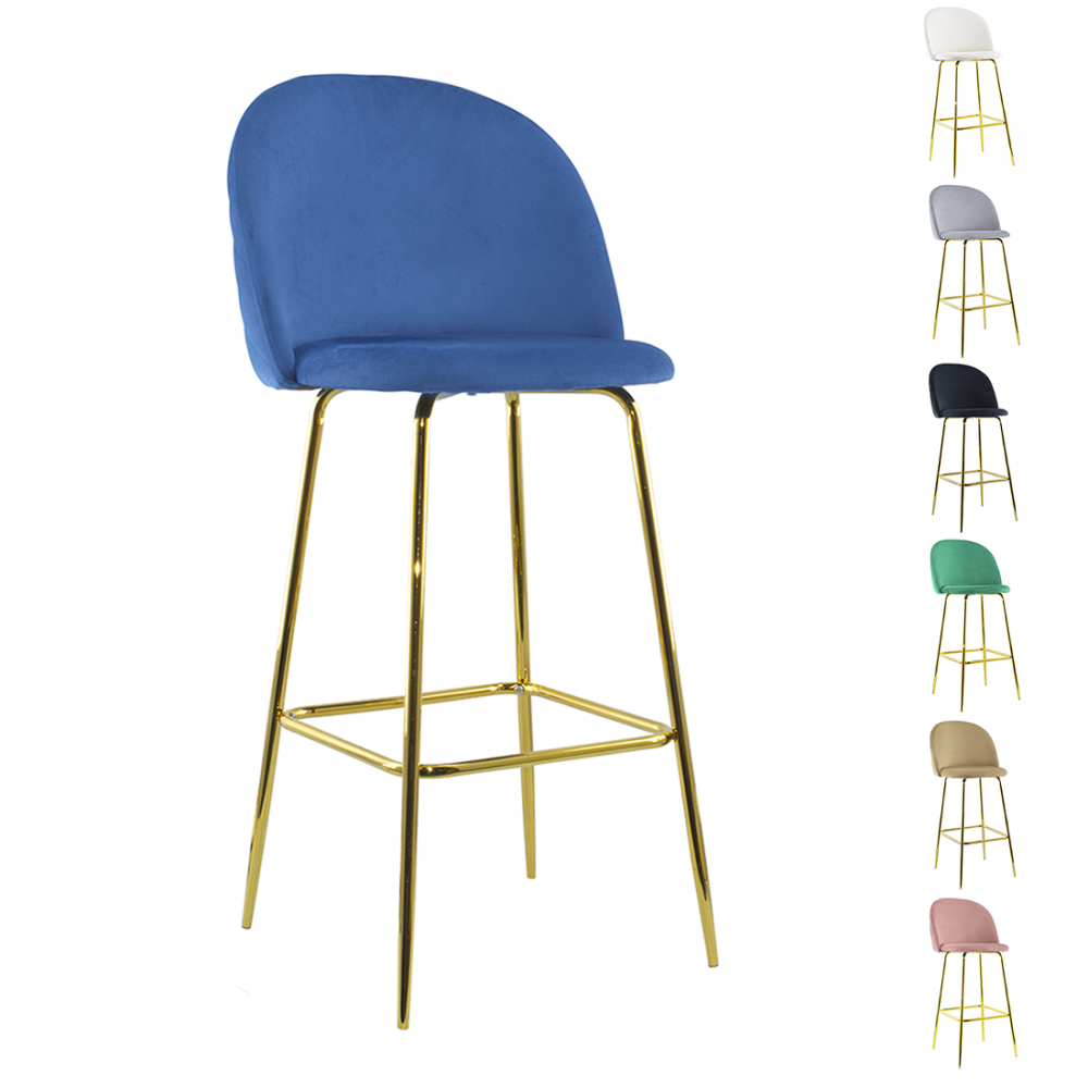 Taburete GRETA terciopelo estructura color oro con respaldo y reposapiés Rosa claro