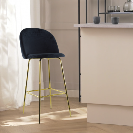 Taburete GRETA terciopelo estructura color oro con respaldo y reposapiés