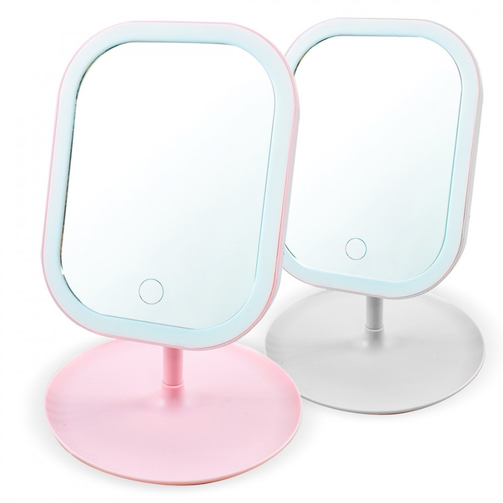 Espejo cosmético iluminado con luz LED táctil para maquillaje de mesa recargable Blanco