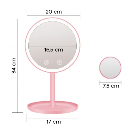 Espejo cosmético de mesa LED Luz de maquillaje con ventilación recargable USB