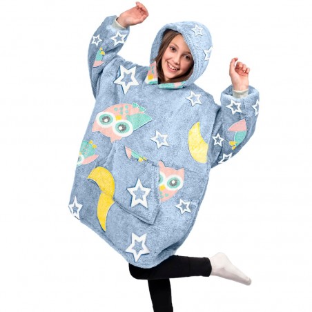 Capa polar Gris para niños con capucha y mangas con búhos fluorescentes