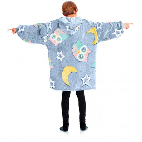 Capa polar Gris para niños con capucha y mangas con búhos fluorescentes