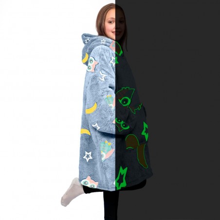 Capa polar Gris para niños con capucha y mangas con búhos fluorescentes