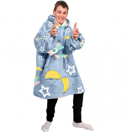 Capa polar Gris para niños con capucha y mangas con búhos fluorescentes