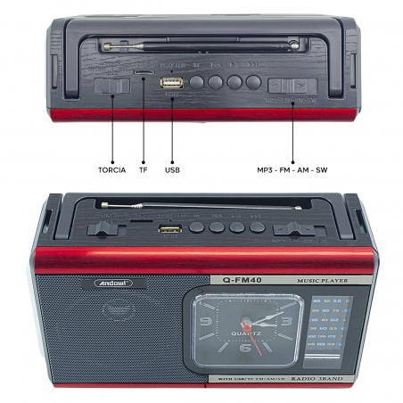 Radio Q-FM40 Vintage FM Altavoz Bluetooth MP3 Linterna portátil y reloj