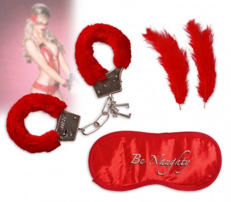 Set de 3 juguetes para sexo sadomasoquista HOT SET 748909 (incluye plumas + máscara + esposas) color rojo