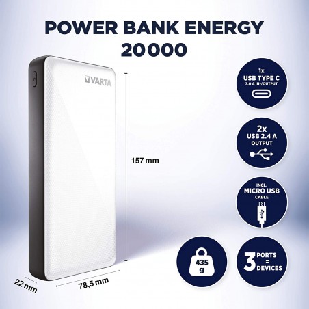 Cargador portátil Varta Power Bank 20000 mmAh 2 entradas de carga rápida