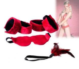 Set de 4 juguetes para sexo sadomasoquista BONDAGE PREMIUM 748908 (incluye pluma + máscara + esposas) color rojo