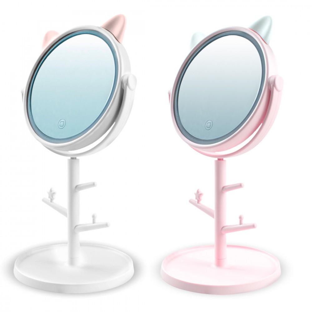 Espejo maquillaje cosmético luz LED sobremesa con soporte para joyas recargable Blanco