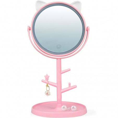 Espejo maquillaje cosmético luz LED sobremesa con soporte para joyas recargable