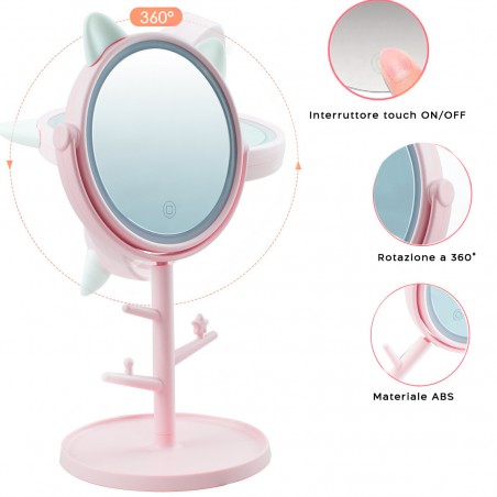 Espejo maquillaje cosmético luz LED sobremesa con soporte para joyas recargable