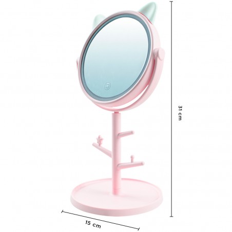 Espejo maquillaje cosmético luz LED sobremesa con soporte para joyas recargable