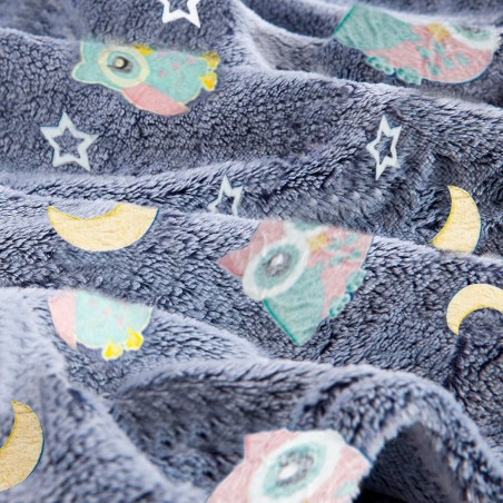 Manta Mágica infantil polar azul con Búhos y Estrellas Fluorescentes 170x120