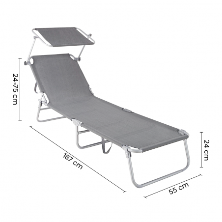 281013 Tumbona de Textilene respaldo ajustable GRIS tubo 18mm con toldo parasol