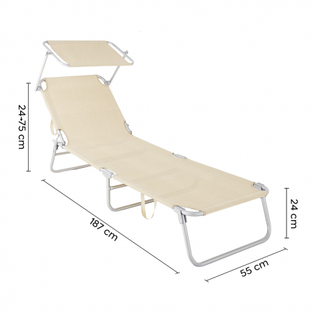 281014 Tumbona de Textilene respaldo ajustable BEIGE tubo 18mm con toldo parasol
