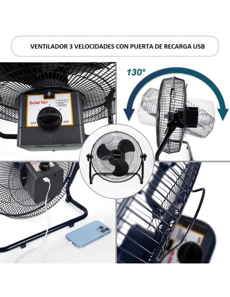 Ventilador Portátil Recargable Solar Inalámbrico de Mesa/Pared para Camping