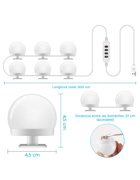 Juego de 6 Luces LED Regulables para Espejo de Tocador con Cable USB