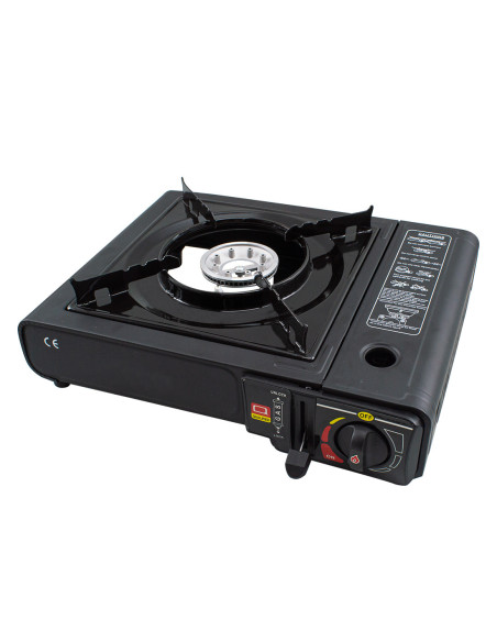 Fogón de gas portátil para camping en maletín, ideal para cocina al aire libre.